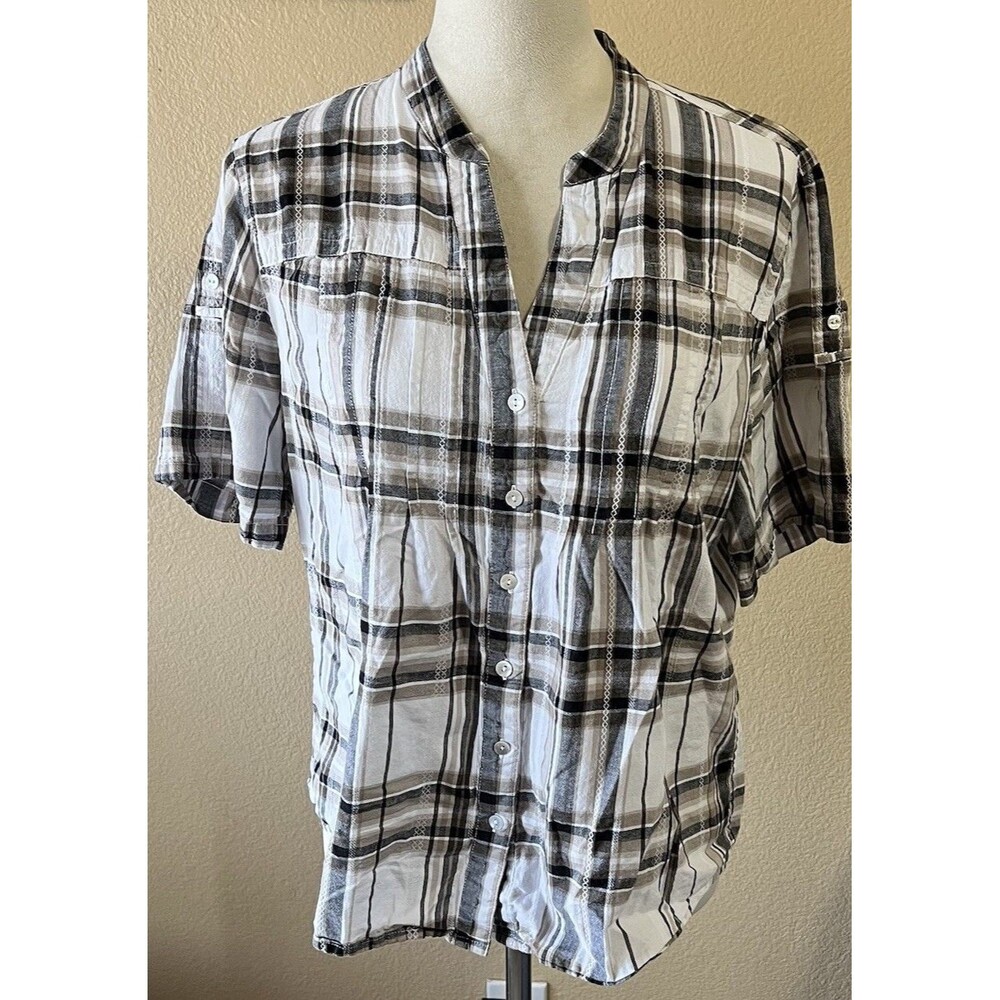 P&M Women's Casual Neutral Plaid Short-Sleeve Button-Down Shirt Large 100%cotton